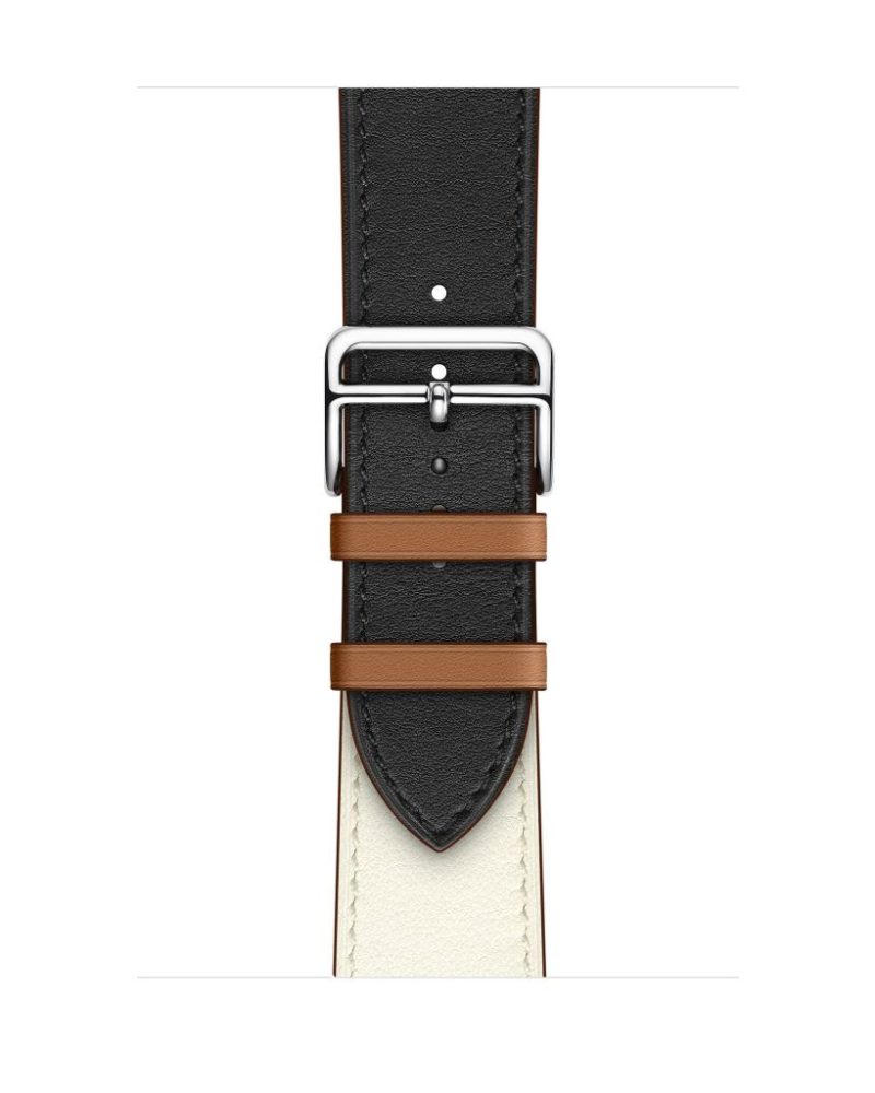 Black, white, and tan leather Apple Watch single tour strap with silver buckle