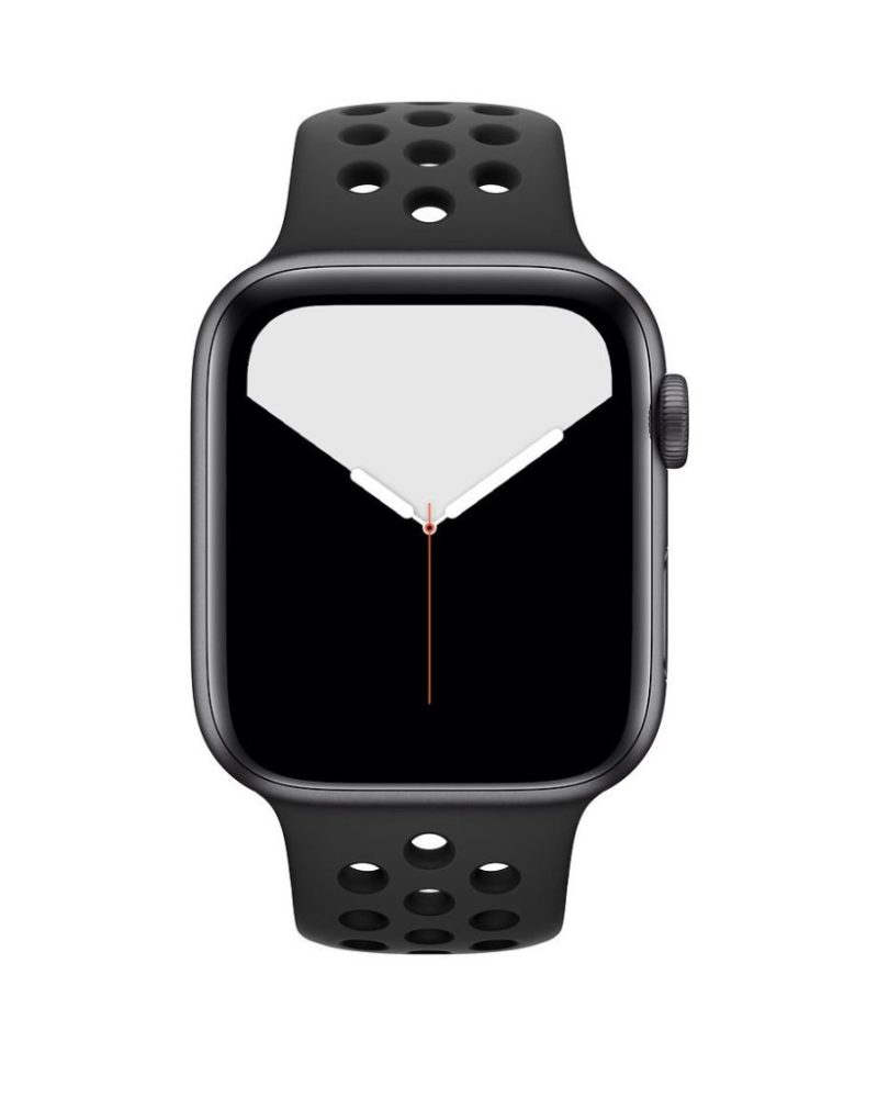 Obsidian and black perforated silicone sport band fitted on Apple Watch with space gray case