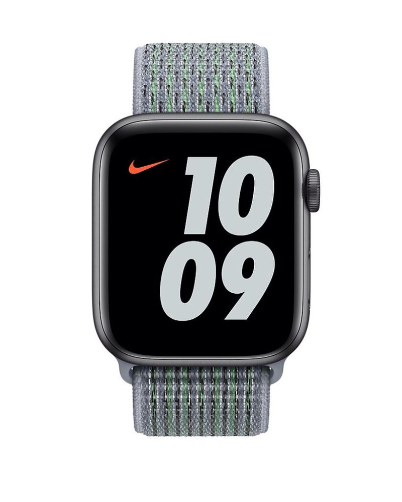 Obsidian mist woven nylon Sport Loop band on Apple Watch with black case