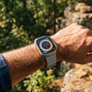 Model wearing Ocean Band for Apple Watch – Concrete Apple Watch band