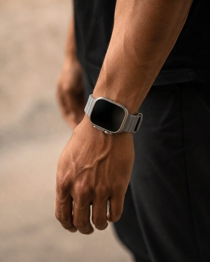 Model wearing Ocean Band for Apple Watch – Concrete Apple Watch band