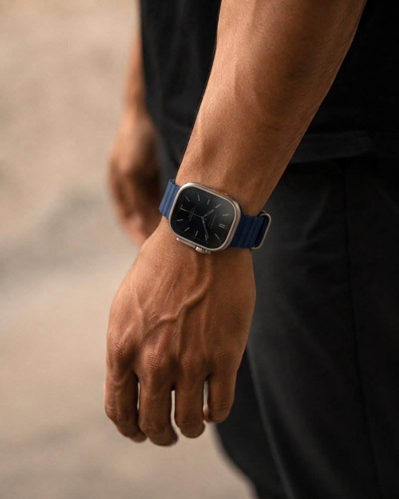 Model wearing Ocean Band for Apple Watch – Navy Blue Apple Watch band