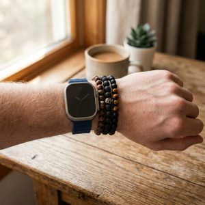 Model wearing Ocean Band for Apple Watch – Navy Blue Apple Watch band