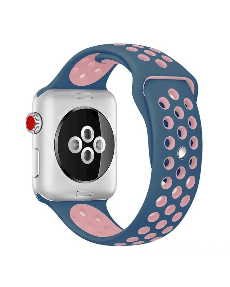 Ocean blue and light pink perforated silicone sport band on Apple Watch