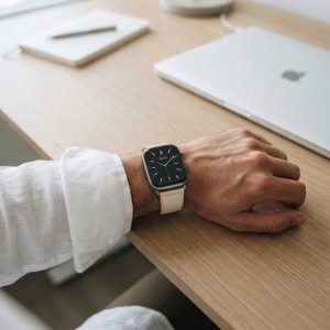 Model wearing Off White Lincoln Leather Band for Apple Watch Apple Watch band