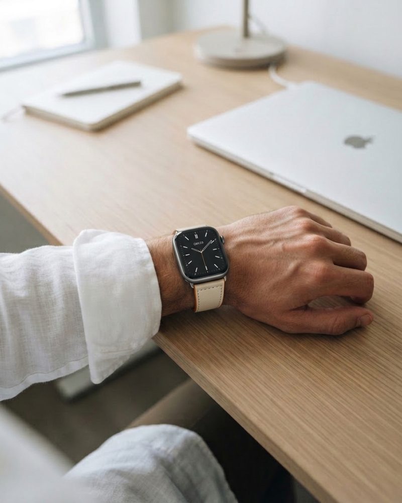Model wearing Off White Lincoln Leather Band for Apple Watch Apple Watch band
