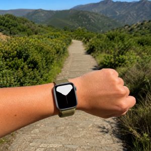 Model wearing Olive Flak Sport Loop For Apple Watch Apple Watch band