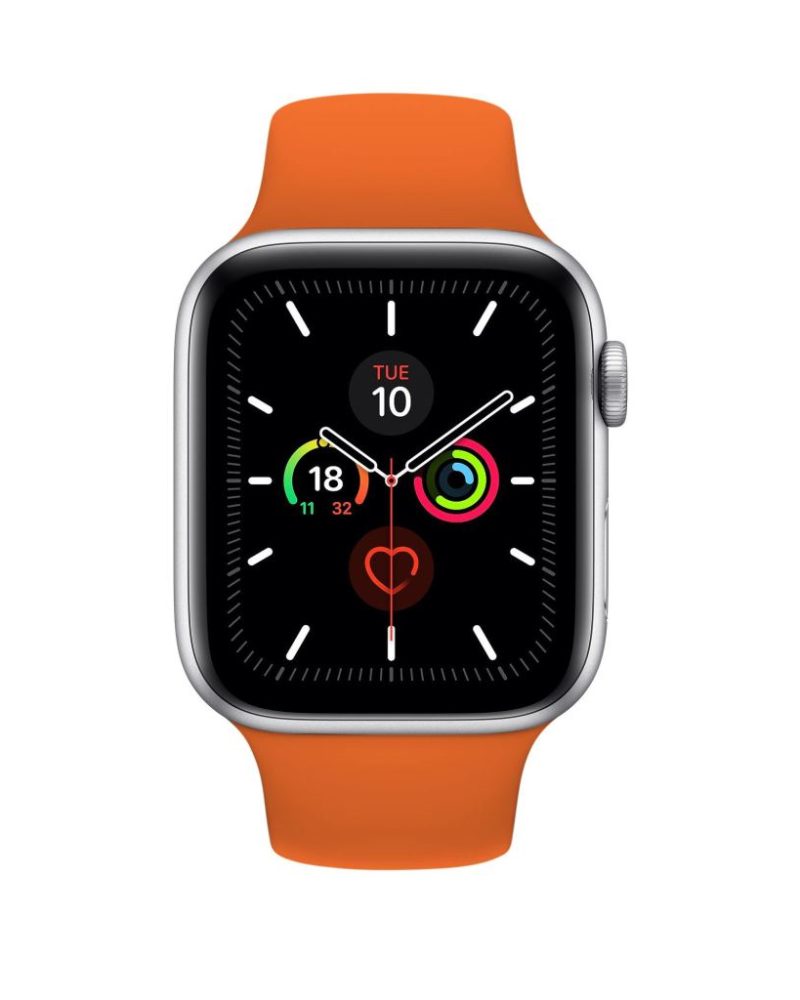 Orange silicone Apple Watch sport band with silver aluminum case front view