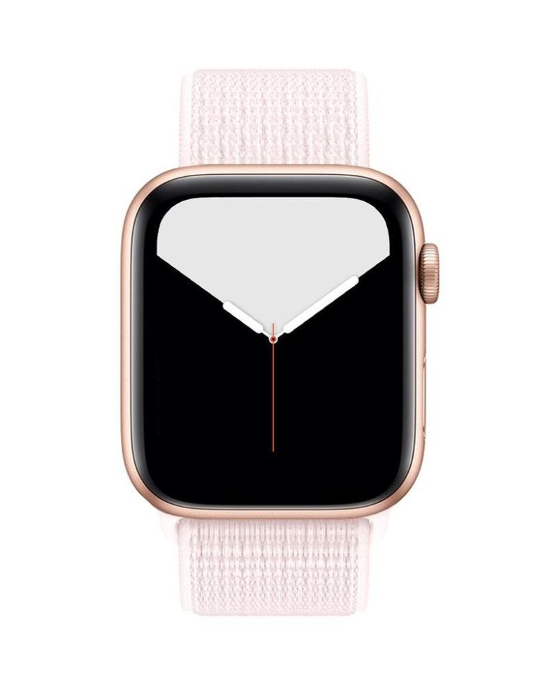 Pearl Pink woven nylon Sport Loop Apple Watch band with gold aluminum case
