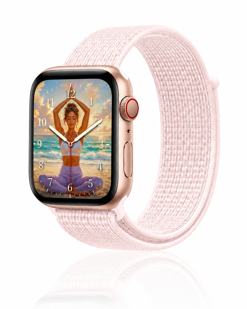 Model wearing Pearl Pink Sport Loop For Apple Watch Apple Watch band