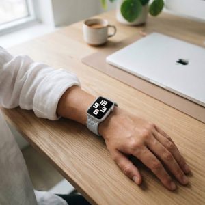 Model wearing Pearl White Braided Loop Band for Apple Watch Apple Watch band