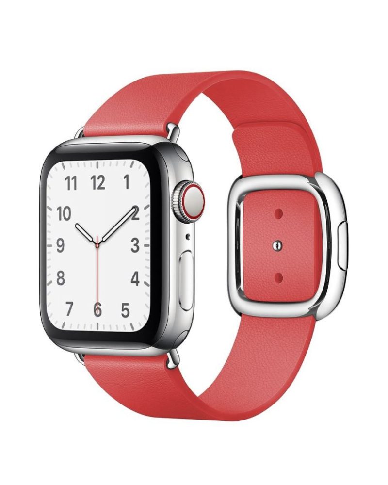 Peony pink leather Apple Watch band with square silver modern buckle