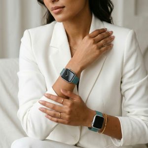 Model wearing Pine Green Milanese Loop For Apple Watch Apple Watch band