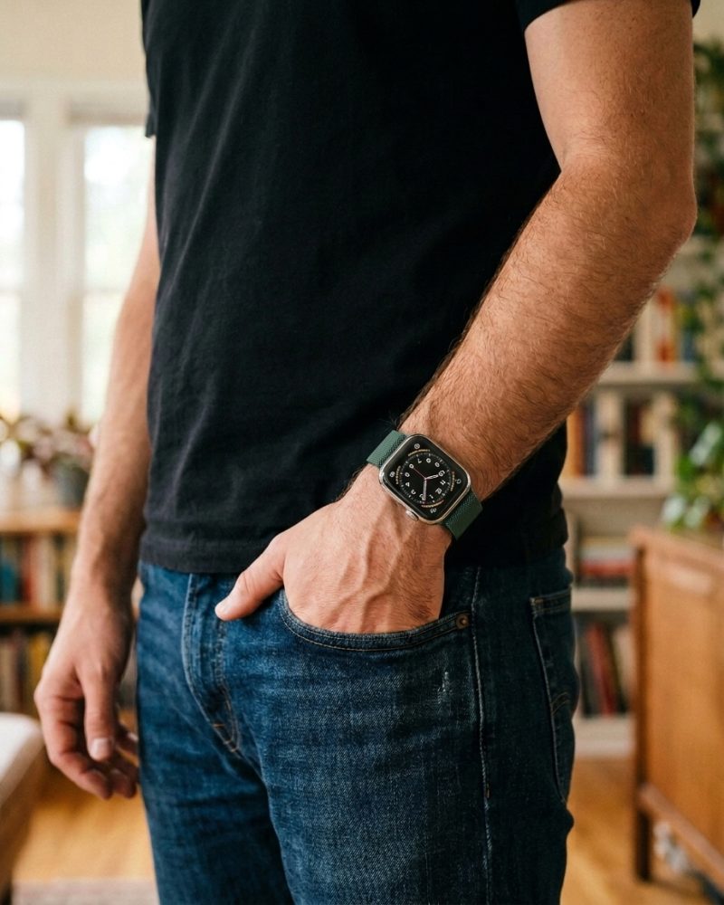 Model wearing Pine Green Milanese Loop For Apple Watch Apple Watch band