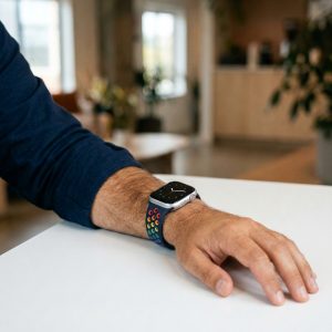 Model wearing Pine Green/Rainbow Pride Sport Band Active for Apple Watch Apple Watch band