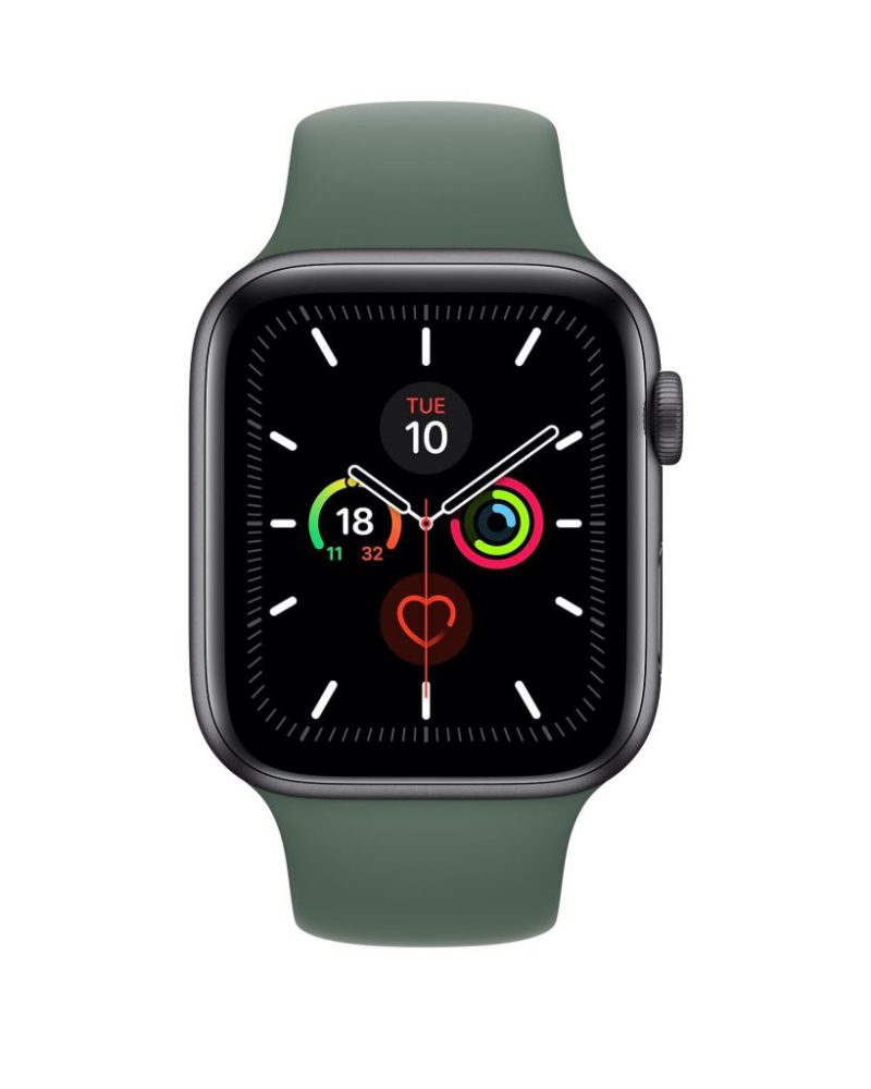 Pine green silicone Apple Watch Sport Band with space gray aluminum case.