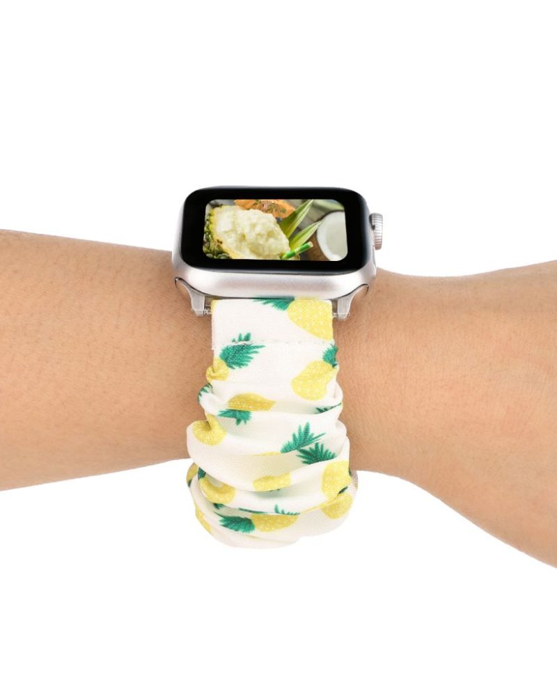 Pineapple print scrunchie fabric Apple Watch band in white and yellow