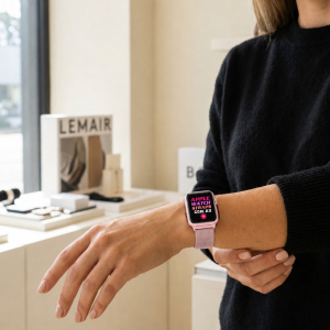 Model wearing Pink Geneva Slim Milanese Band for Apple Watch Apple Watch band