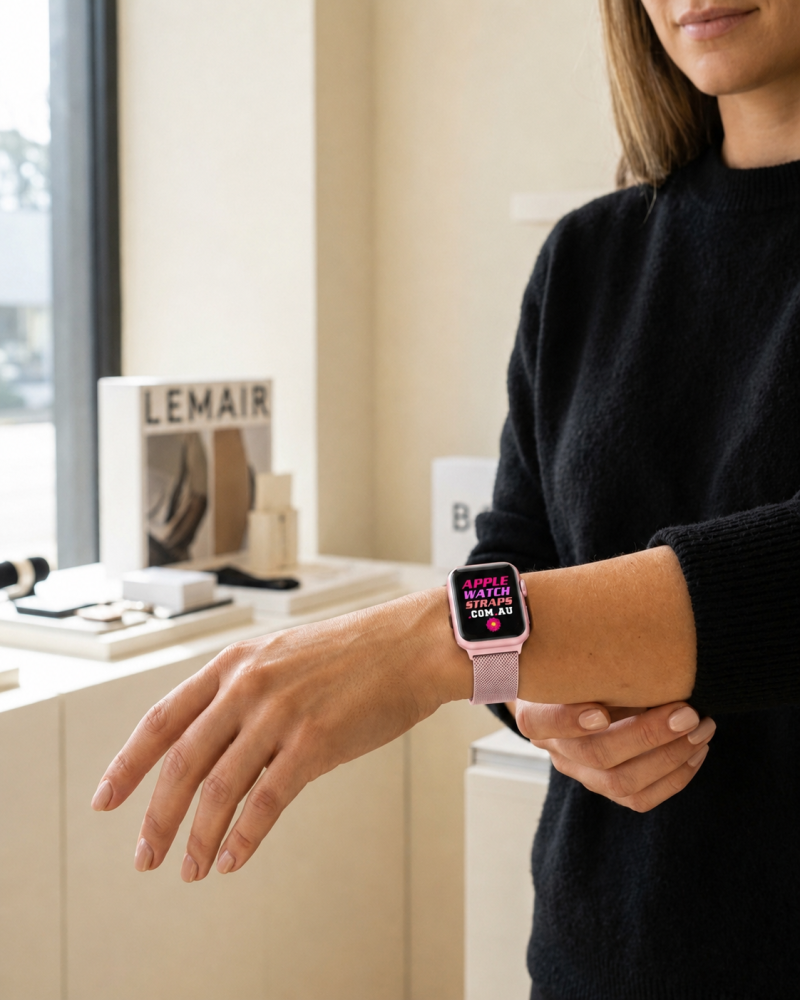 Model wearing Pink Geneva Slim Milanese Band for Apple Watch Apple Watch band