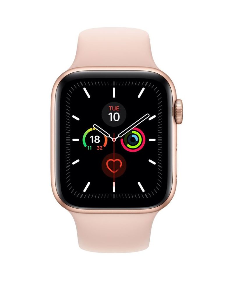 Pink Sand silicone Apple Watch sport band with gold aluminum case front view