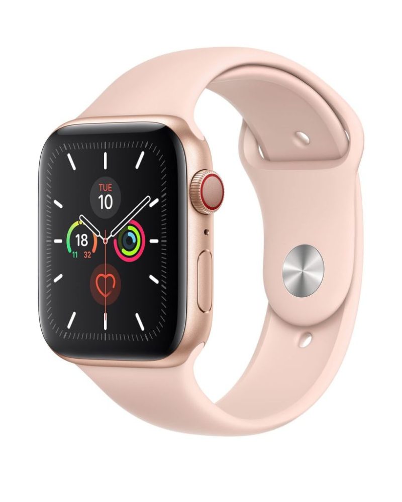 Pink Sand silicone Apple Watch sport band with gold aluminum case
