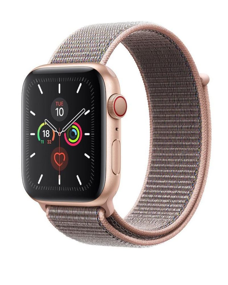 Pink Sand woven nylon Sport Loop band for Apple Watch with gold case
