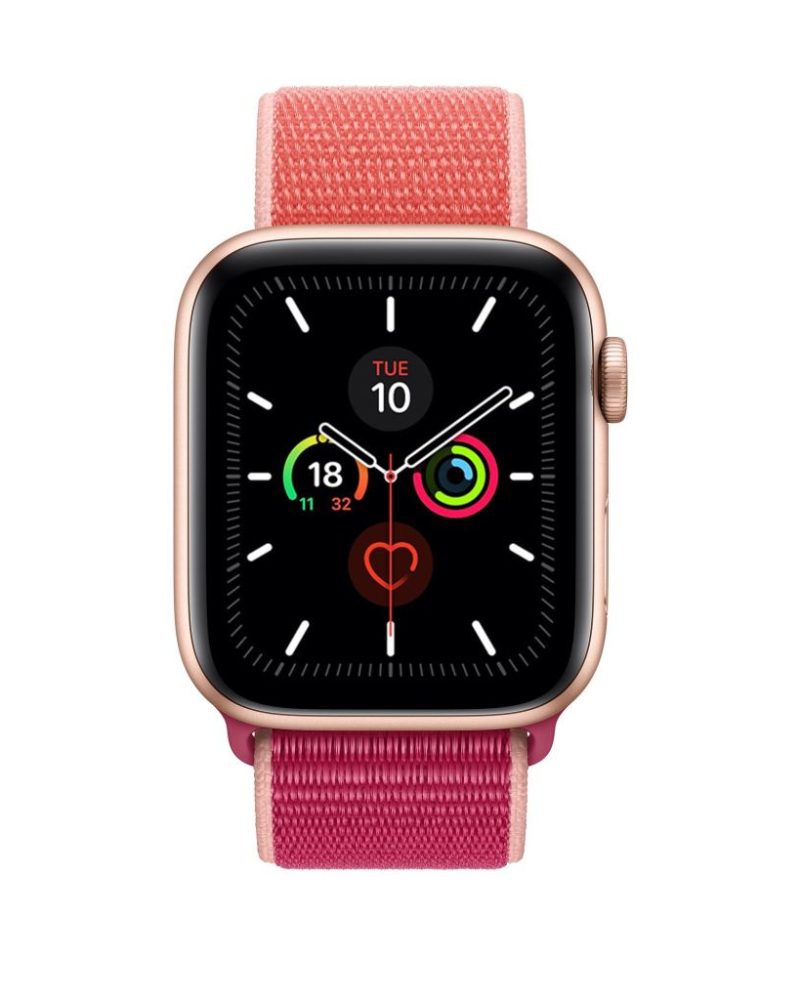Pomegranate pink woven nylon Sport Loop band on gold Apple Watch