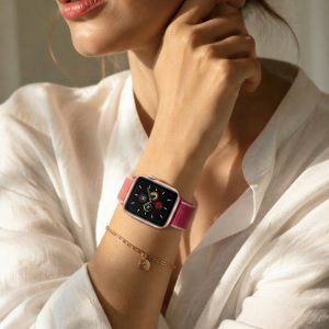 Model wearing Pomegranate Sport Loop For Apple Watch Apple Watch band
