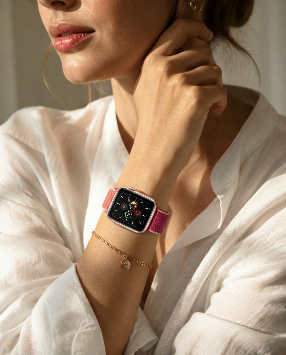 Model wearing Pomegranate Sport Loop For Apple Watch Apple Watch band
