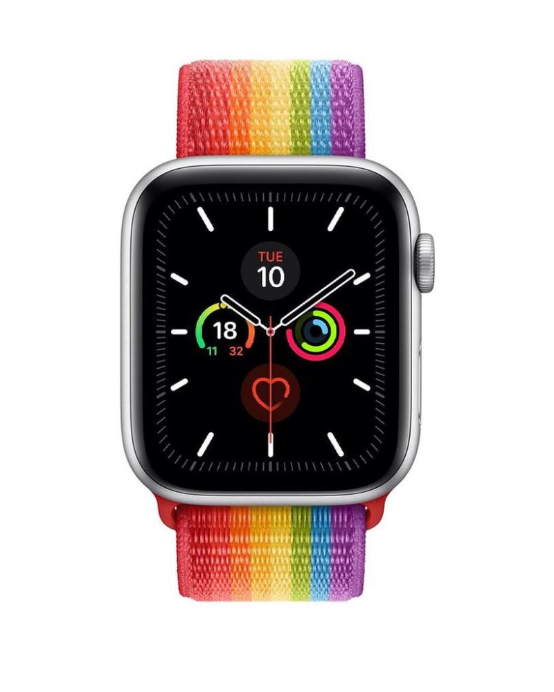 Rainbow-striped nylon Sport Loop band on silver Apple Watch with black display