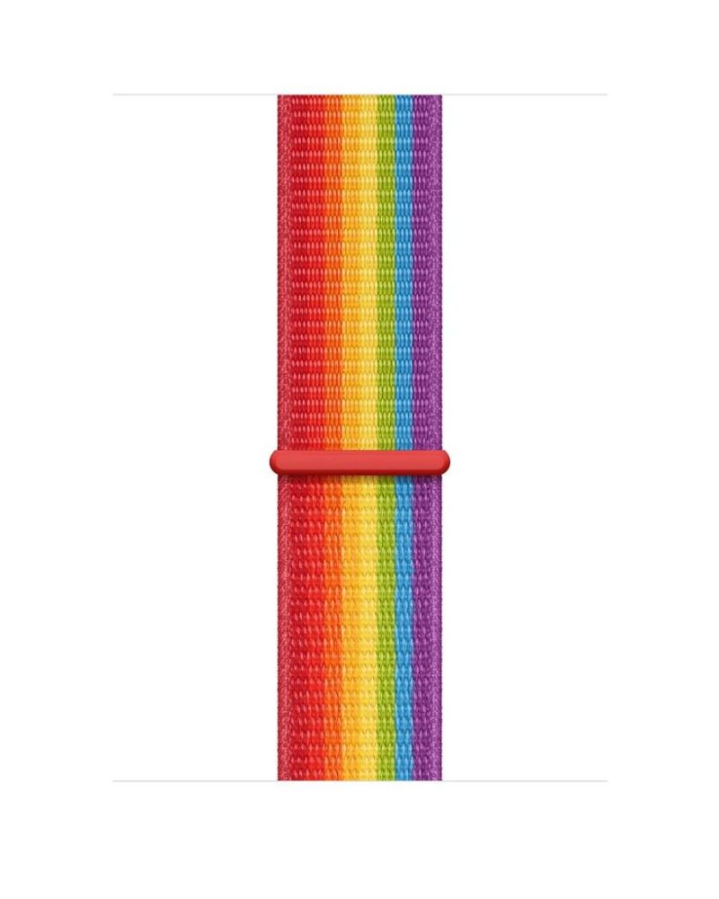 Rainbow-striped woven nylon Apple Watch sport loop band with red hook-and-loop fastener