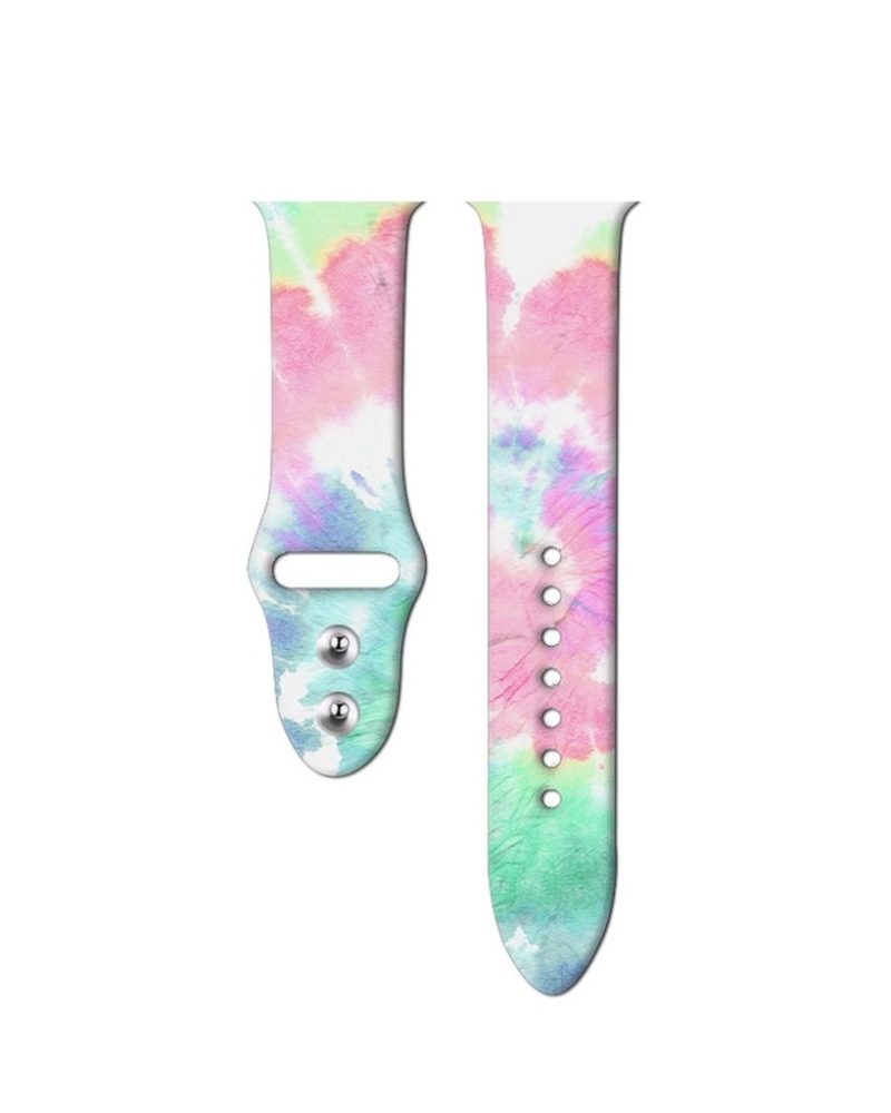 Pastel pink, green, and blue tie-dye silicone Apple Watch sport band with pin-and-tuck closure
