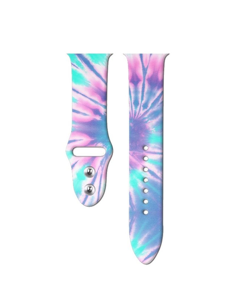 Pink, purple, and teal tie-dye swirl silicone sport band for Apple Watch