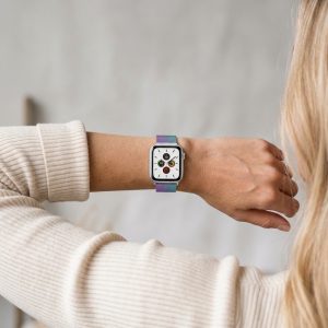 Model wearing Rainbow Milanese Loop for Apple Watch Apple Watch band
