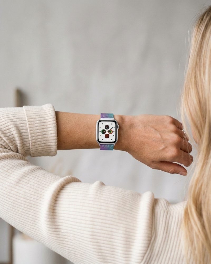 Model wearing Rainbow Milanese Loop for Apple Watch Apple Watch band