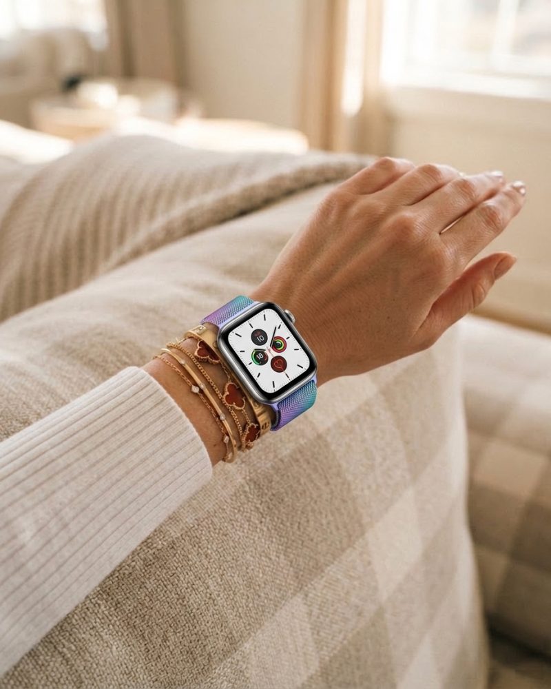 Model wearing Rainbow Milanese Loop for Apple Watch Apple Watch band