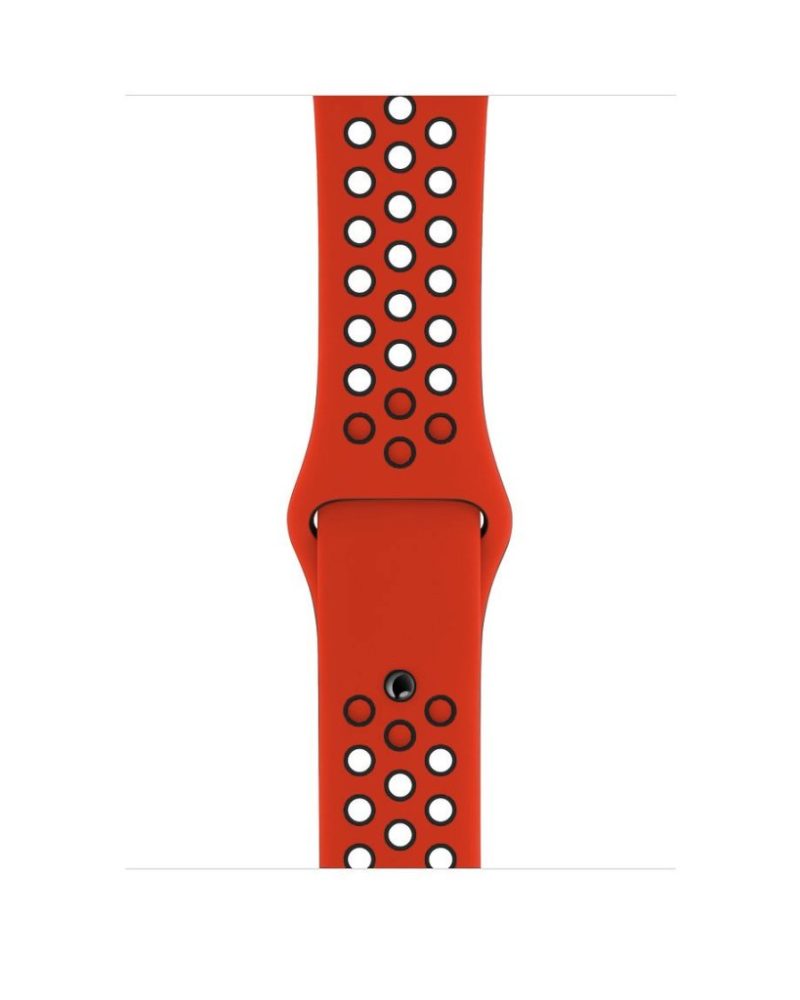 Red and black perforated silicone sport band for Apple Watch with pin-and-tuck closure