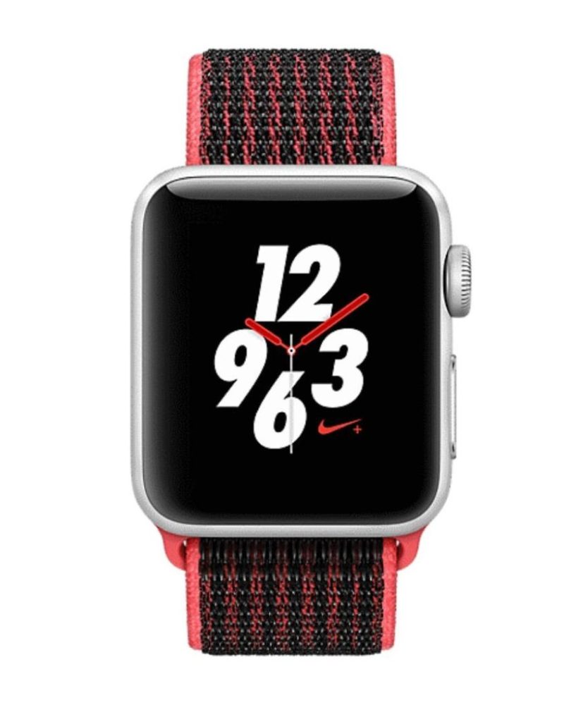 Red black woven nylon sport loop band for Apple Watch front view