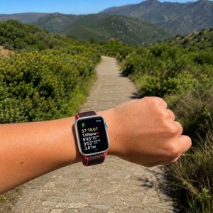Model wearing Red Black Sport Loop For Apple Watch Apple Watch band