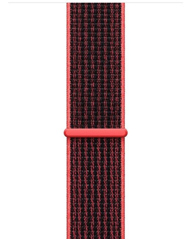 Red and black woven nylon Sport Loop band for Apple Watch.