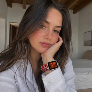 Model wearing Red Floral Scrunchie Loop Band for Apple Watch Apple Watch band