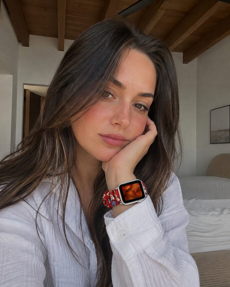 Model wearing Red Floral Scrunchie Loop Band for Apple Watch Apple Watch band