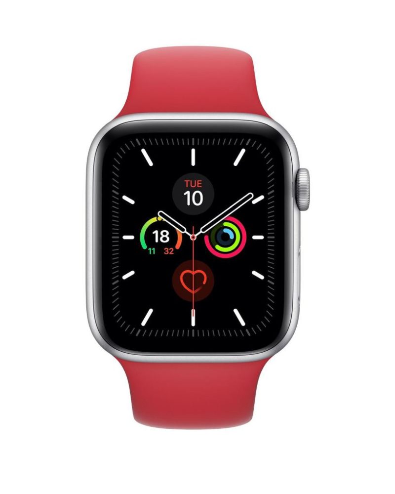 Red silicone Apple Watch sport band with black watch face display