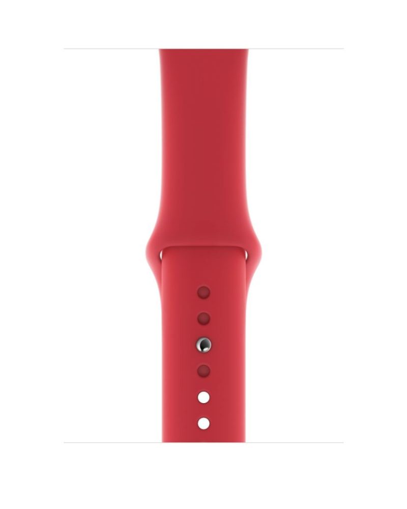 Red silicone Apple Watch sport band with adjustment holes and pin buckle