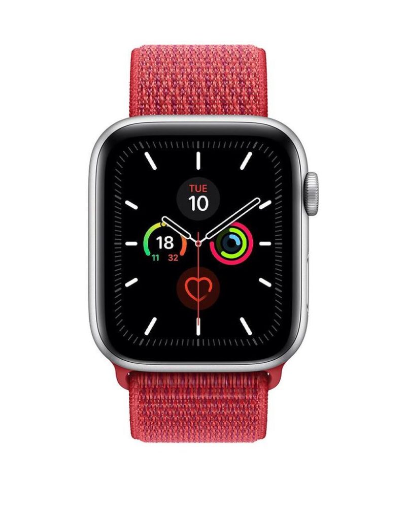 Red woven nylon Sport Loop band on silver aluminum Apple Watch, front view
