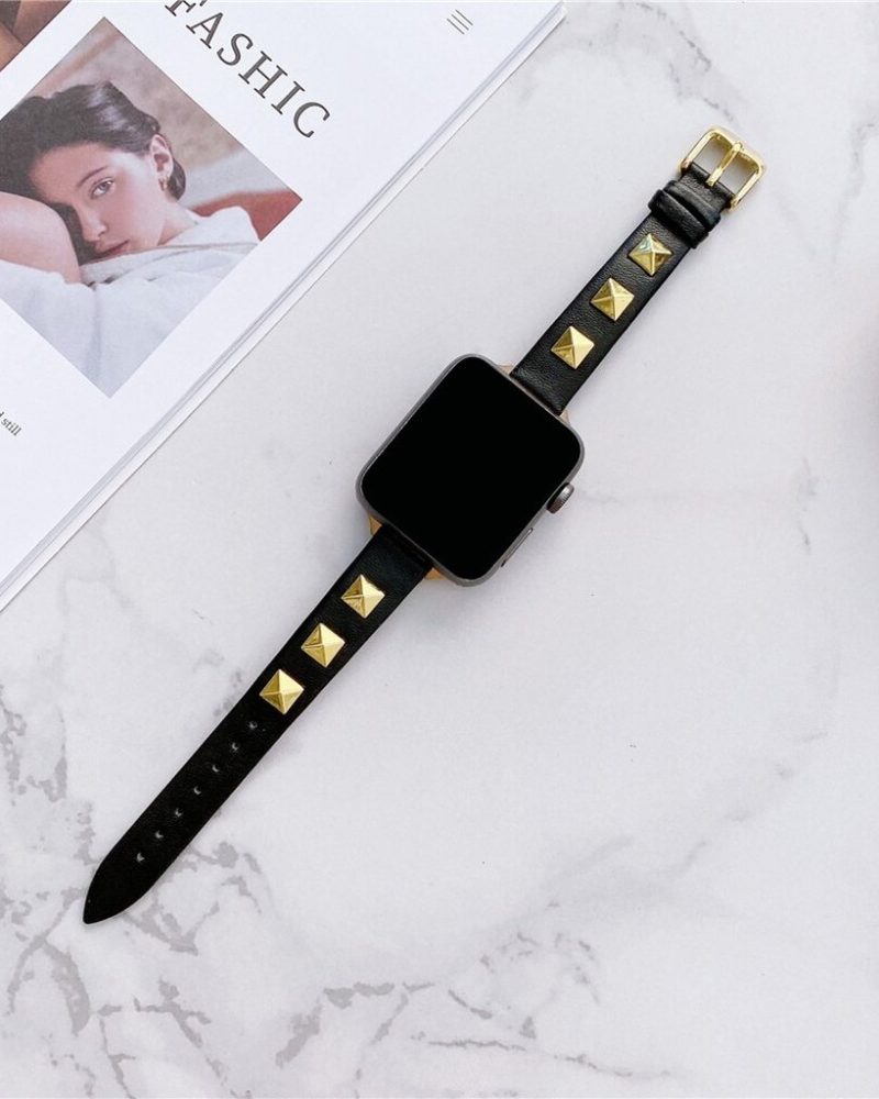Rockstar Slim Leather Band with Gold Studs for Apple Watch in Black