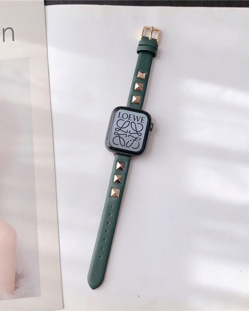 Rockstar Slim Leather Band with Gold Studs for Apple Watch in Dark Green