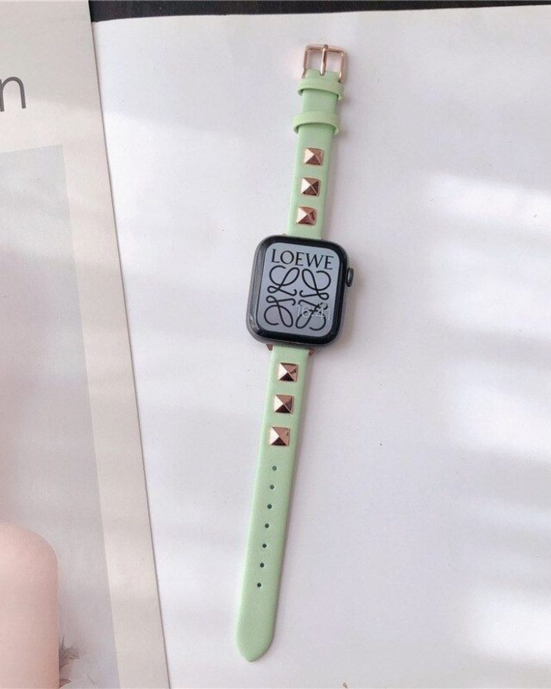 Rockstar Slim Leather Band with Gold Studs for Apple Watch in Light Green