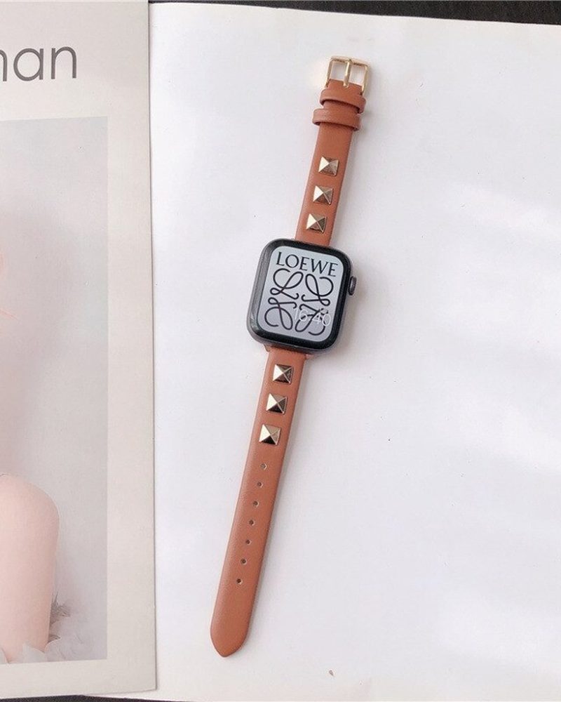 Rockstar Slim Leather Band with Gold Studs for Apple Watch in Saddle Brown - Image 3