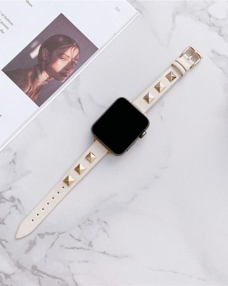 Rockstar Slim Leather Band with Rose Gold Studs for Apple Watch in Cream